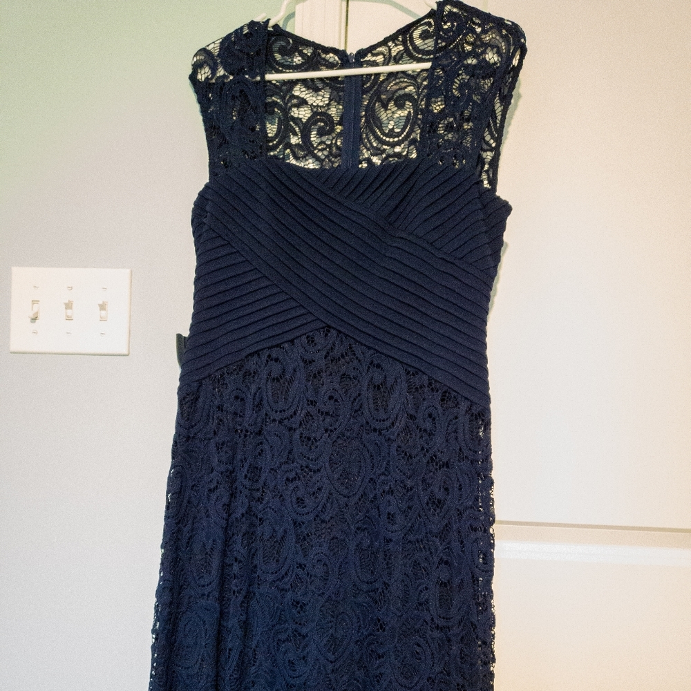 Navy floor length lace cap-sleeve Calvin Klein dress